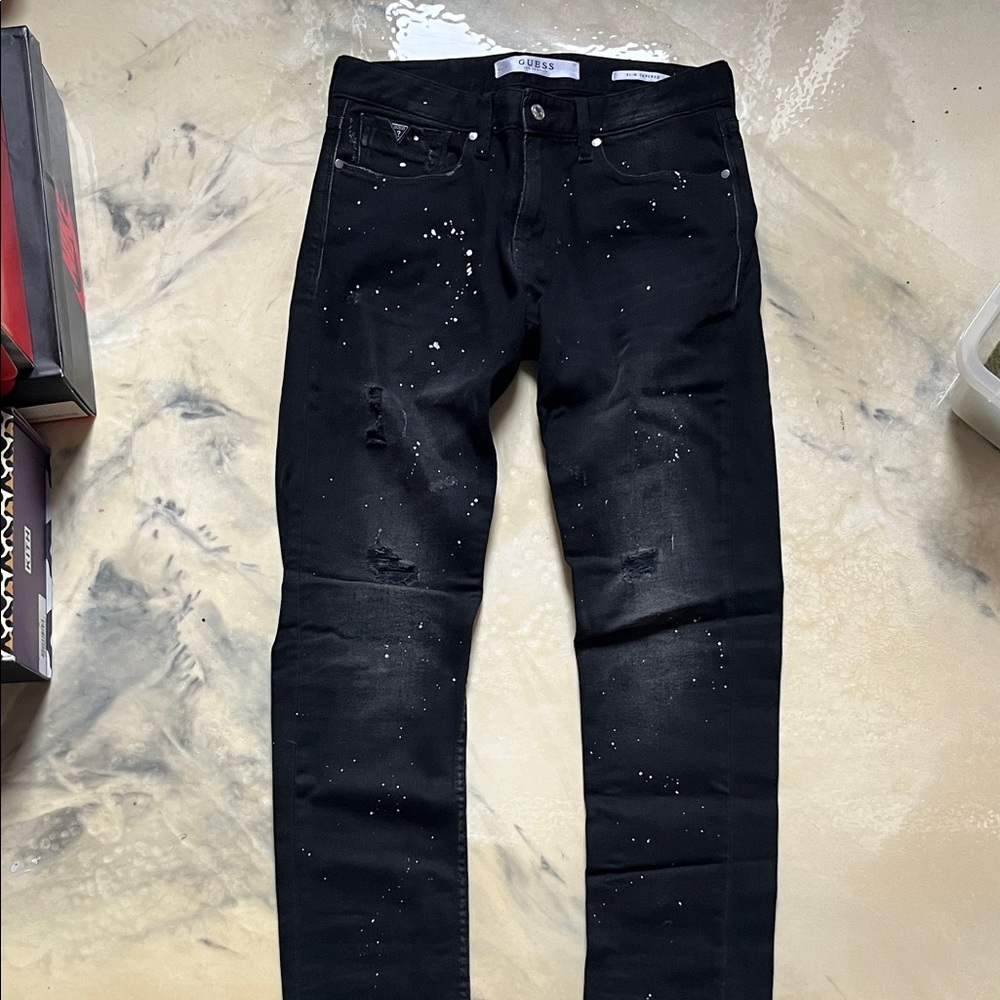 GUESS Black Skinny Jeans with Paint-Splatter Distressing